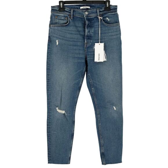Grlfrnd Jeans Womens 30 Waist Karolina Button Fly Raw Hem Blue Stretch Denim New - Picture 1 of 15